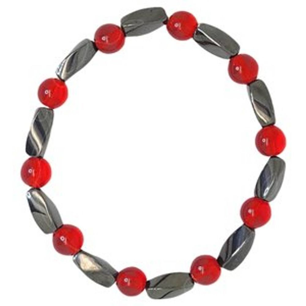 New Stretch Gray Hematite and Red Glass Bead Chakra Bracelet 7"
